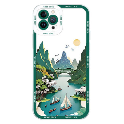 For iPhone 14 Pro Case Aesthetic Oil Painting Landscape Clear TPU Phone Cover
