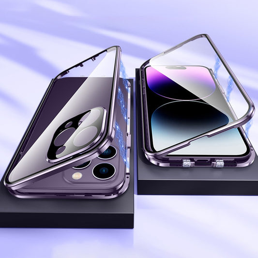 For iPhone 16 Pro Max Case Magnetic Adsorption Double Sides Tempered Glass+Metal Phone Cover with Buckle