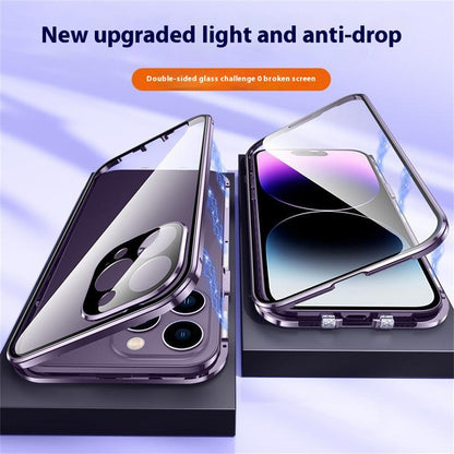 For iPhone 16 Pro Max Case Magnetic Adsorption Double Sides Tempered Glass+Metal Phone Cover with Buckle