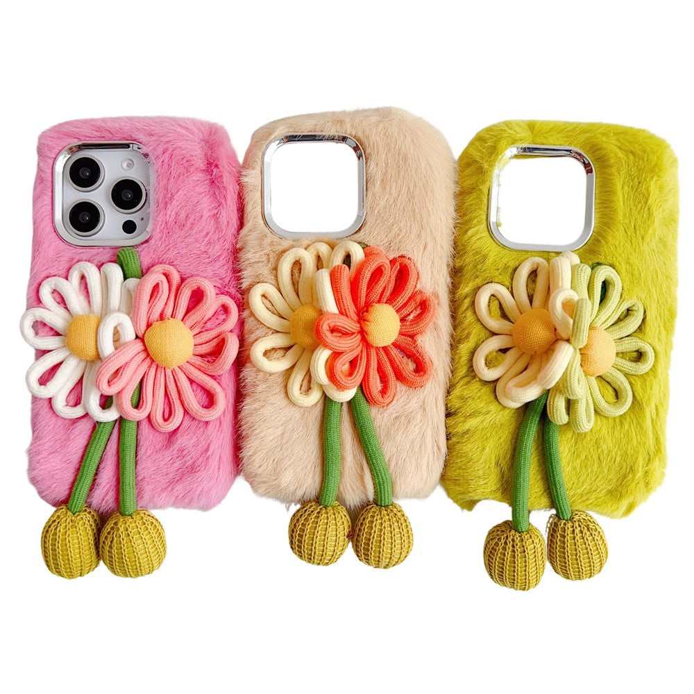 For iPhone 16 Pro Max Case Two Flowers Decor Outer Fluffy Plush Inner TPU Phone Cover