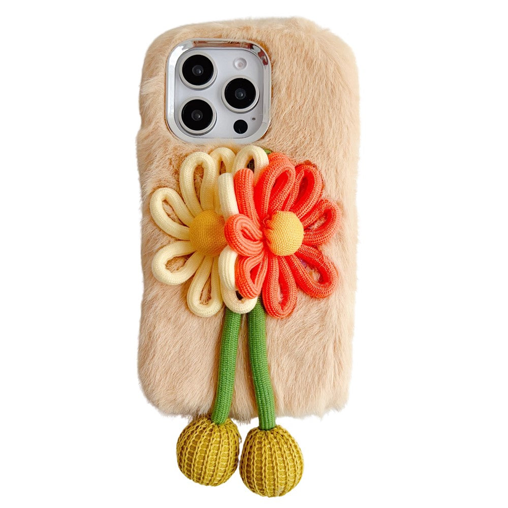 For iPhone 16 Pro Max Case Two Flowers Decor Outer Fluffy Plush Inner TPU Phone Cover