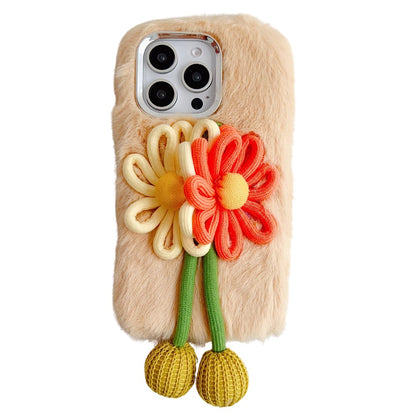 For iPhone 16 Pro Max Case Two Flowers Decor Outer Fluffy Plush Inner TPU Phone Cover