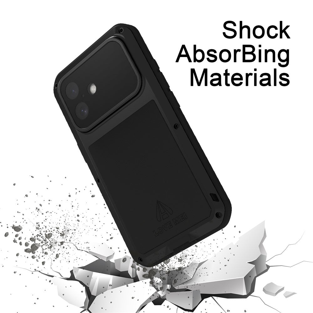LOVE MEI For iPhone 16 Case with Tempered Glass Film Metal+Silicone Phone Cover