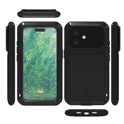 LOVE MEI For iPhone 16 Case with Tempered Glass Film Metal+Silicone Phone Cover