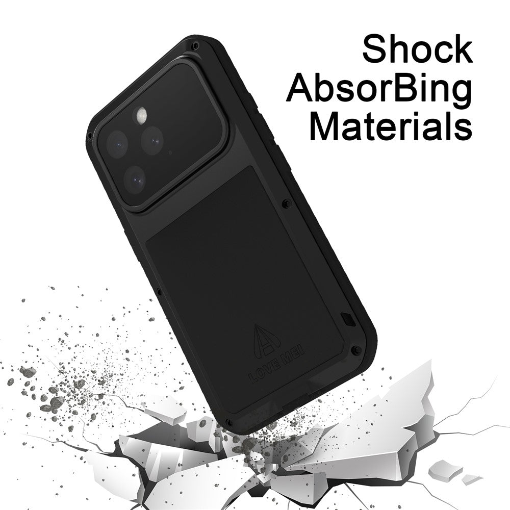 LOVE MEI For iPhone 16 Pro Max Case with Tempered Glass Film Metal+Silicone Phone Cover