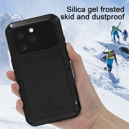 LOVE MEI For iPhone 16 Pro Max Case with Tempered Glass Film Metal+Silicone Phone Cover
