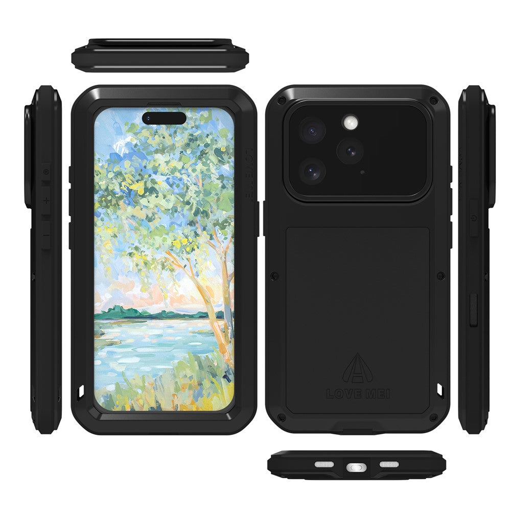 LOVE MEI For iPhone 16 Pro Max Case with Tempered Glass Film Metal+Silicone Phone Cover