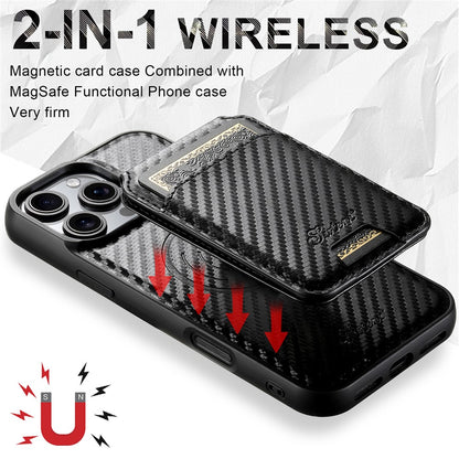 SUTENI H18 For iPhone 16 Pro Max Magnetic Case Carbon Fiber Texture Leather+TPU Cover with Detachable Card Bag