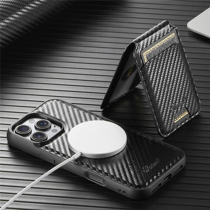 SUTENI H18 For iPhone 16 Pro Max Magnetic Case Carbon Fiber Texture Leather+TPU Cover with Detachable Card Bag