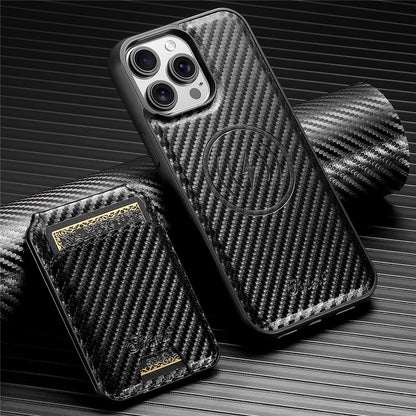 SUTENI H18 For iPhone 16 Pro Max Magnetic Case Carbon Fiber Texture Leather+TPU Cover with Detachable Card Bag