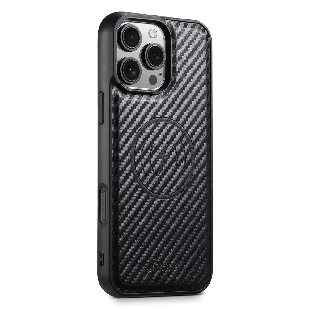 SUTENI H18 For iPhone 16 Pro Max Magnetic Case Carbon Fiber Texture Leather+TPU Cover with Detachable Card Bag