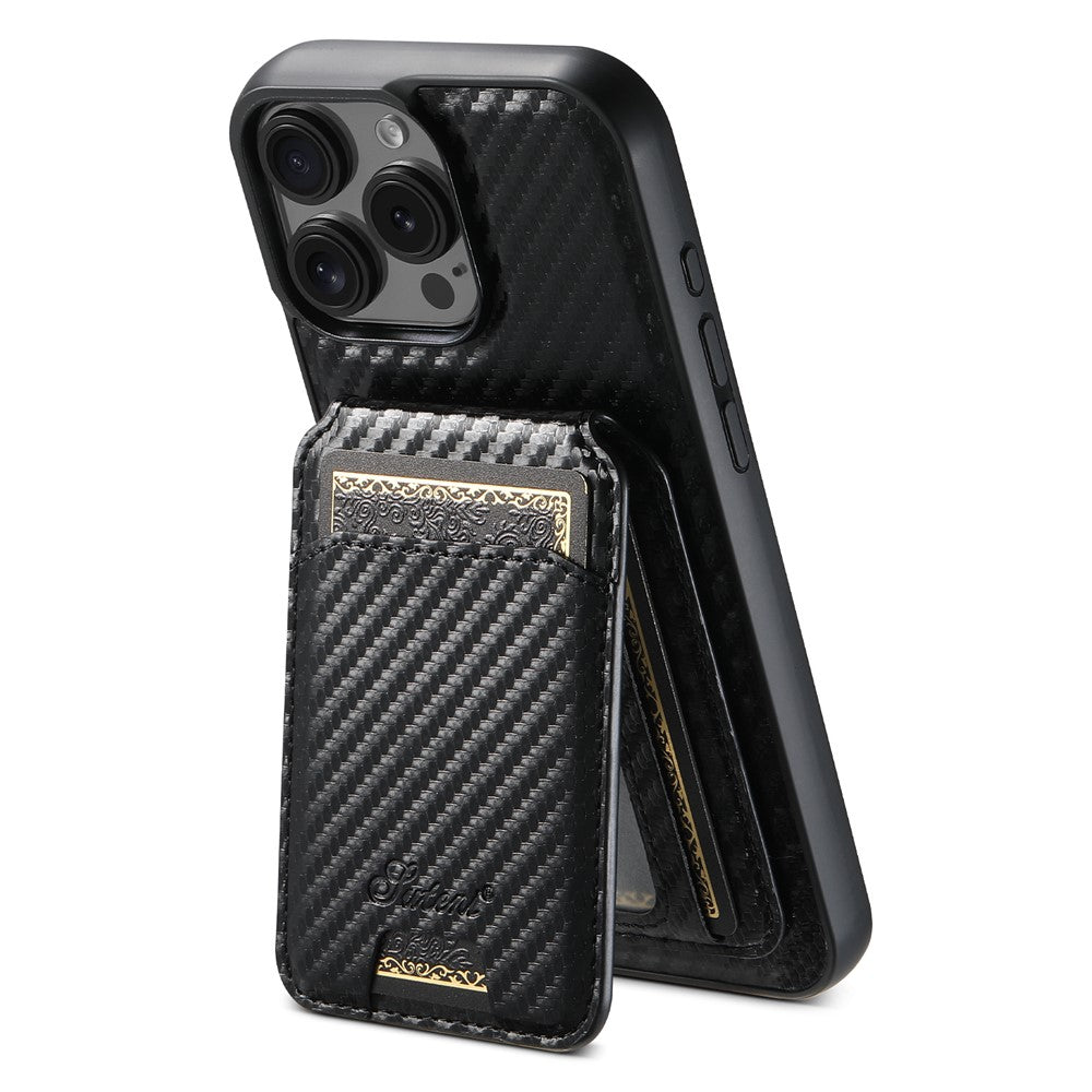 SUTENI H18 For iPhone 16 Pro Max Magnetic Case Carbon Fiber Texture Leather+TPU Cover with Detachable Card Bag