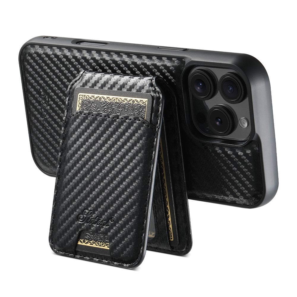 SUTENI H18 For iPhone 16 Pro Max Magnetic Case Carbon Fiber Texture Leather+TPU Cover with Detachable Card Bag