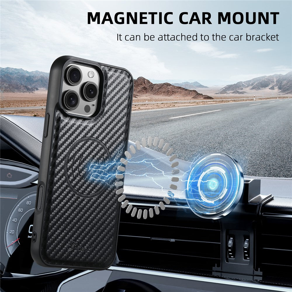 SUTENI H18 For iPhone 16 Pro Max Magnetic Case Carbon Fiber Texture Leather+TPU Cover with Detachable Card Bag