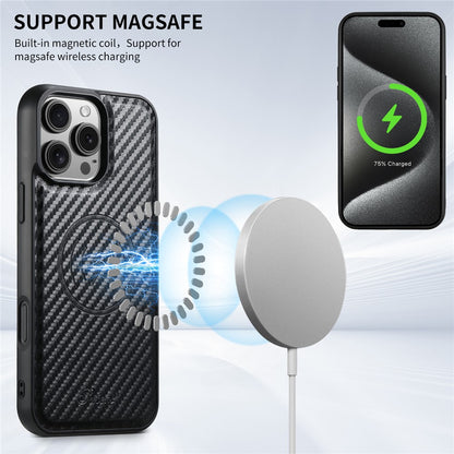 SUTENI H18 For iPhone 16 Pro Max Magnetic Case Carbon Fiber Texture Leather+TPU Cover with Detachable Card Bag