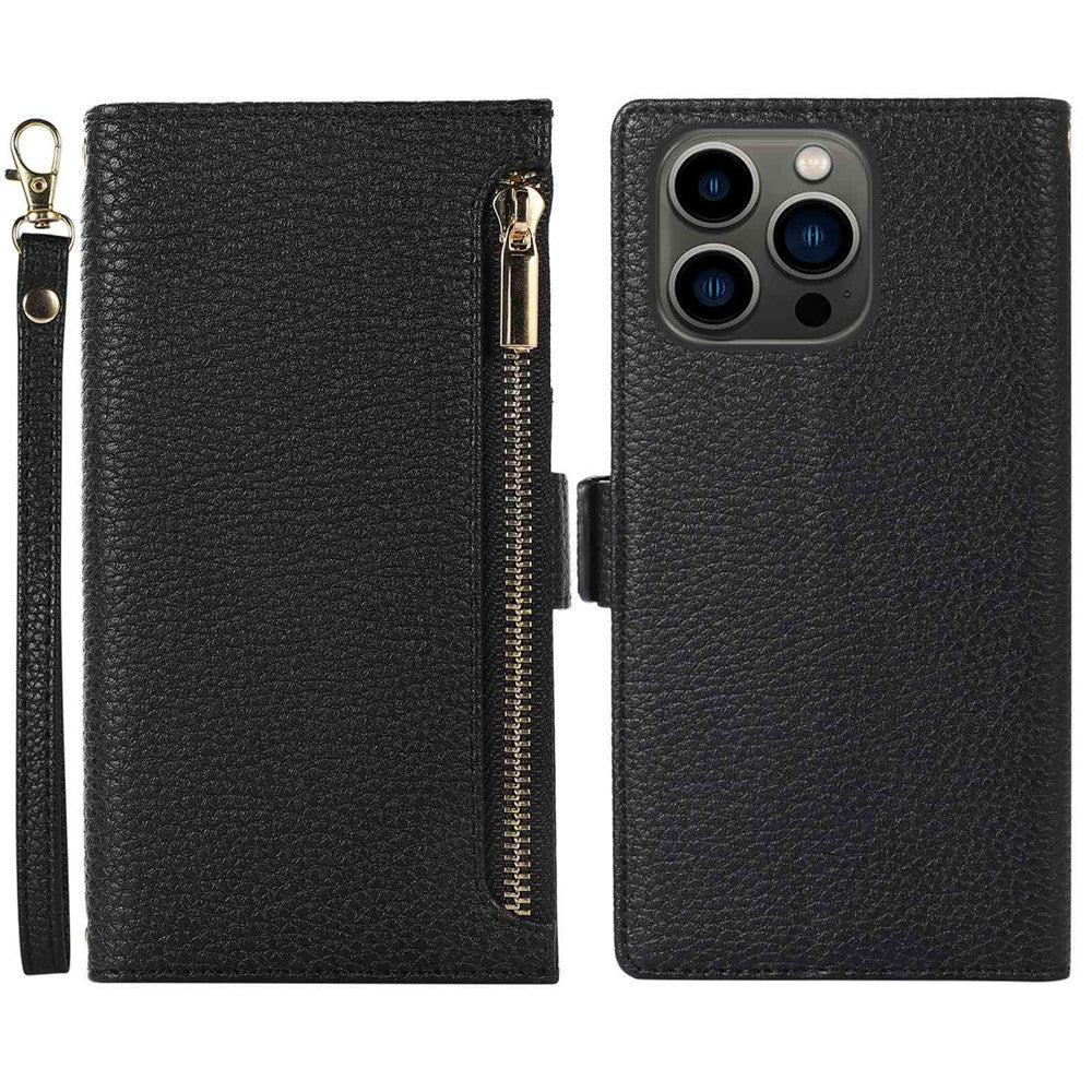 Litchi Texture Phone Case for iPhone 14 Pro Max, Drop Resistant Zipper Pocket PU Leather Flip Cover Wallet with Strap