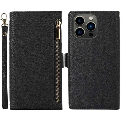 Litchi Texture Phone Case for iPhone 14 Pro Max, Drop Resistant Zipper Pocket PU Leather Flip Cover Wallet with Strap