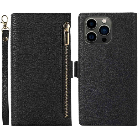 Litchi Texture Phone Case for iPhone 14 Pro Max, Drop Resistant Zipper Pocket PU Leather Flip Cover Wallet with Strap
