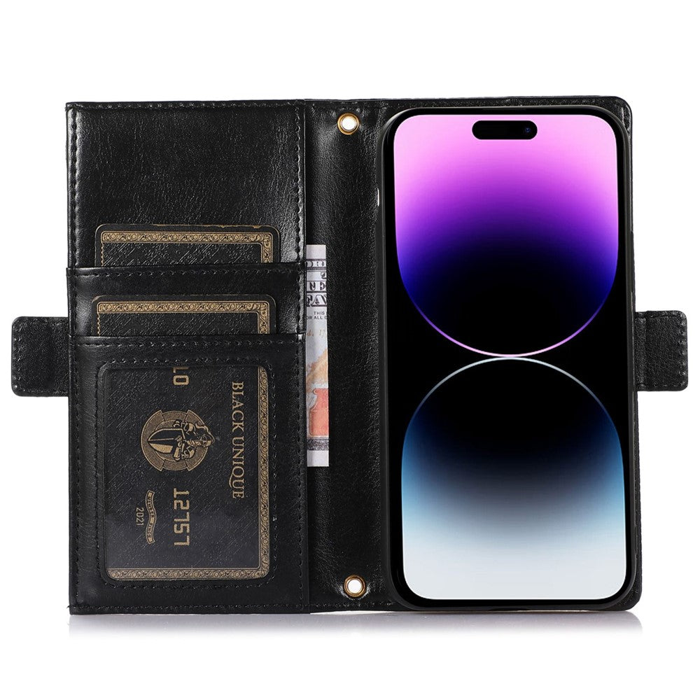 Litchi Texture Phone Case for iPhone 14 Pro Max, Drop Resistant Zipper Pocket PU Leather Flip Cover Wallet with Strap
