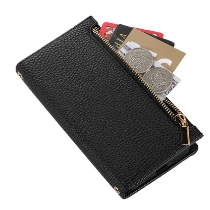 Litchi Texture Phone Case for iPhone 14 Pro Max, Drop Resistant Zipper Pocket PU Leather Flip Cover Wallet with Strap
