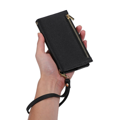 Litchi Texture Phone Case for iPhone 14 Pro Max, Drop Resistant Zipper Pocket PU Leather Flip Cover Wallet with Strap