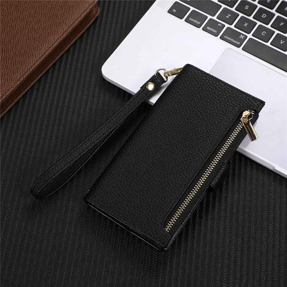 Litchi Texture Phone Case for iPhone 14 Pro Max, Drop Resistant Zipper Pocket PU Leather Flip Cover Wallet with Strap