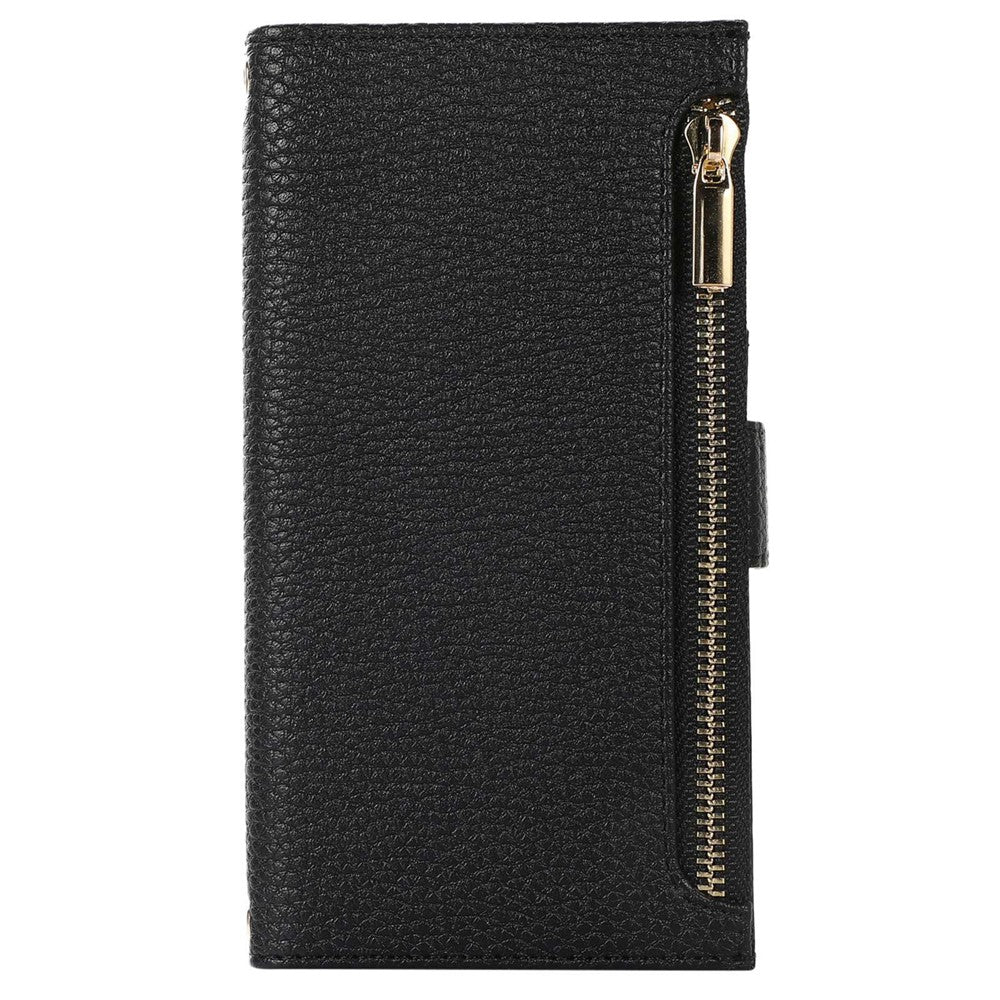 Litchi Texture Phone Case for iPhone 14 Pro Max, Drop Resistant Zipper Pocket PU Leather Flip Cover Wallet with Strap