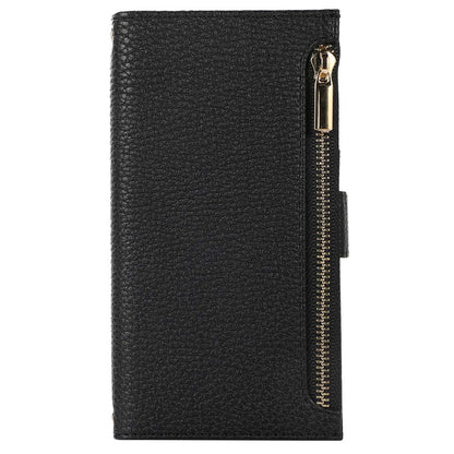 Litchi Texture Phone Case for iPhone 14 Pro Max, Drop Resistant Zipper Pocket PU Leather Flip Cover Wallet with Strap