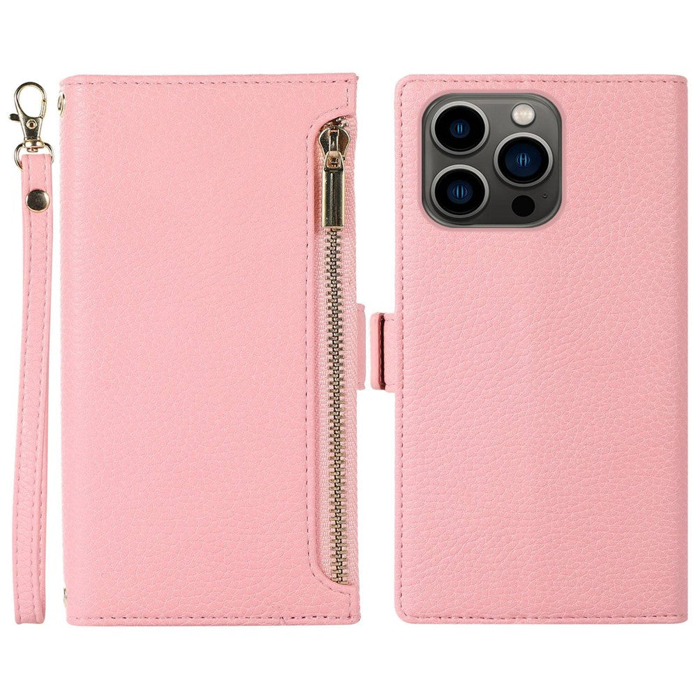 Litchi Texture Phone Case for iPhone 14 Pro Max, Drop Resistant Zipper Pocket PU Leather Flip Cover Wallet with Strap