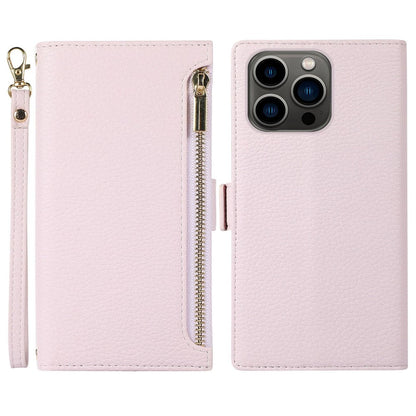 Litchi Texture Phone Case for iPhone 14 Pro Max, Drop Resistant Zipper Pocket PU Leather Flip Cover Wallet with Strap