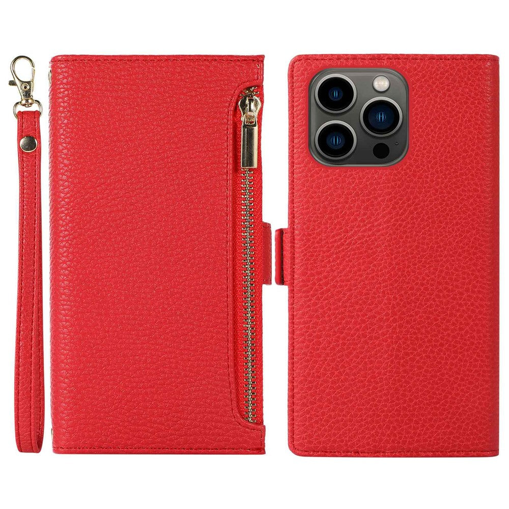 Litchi Texture Phone Case for iPhone 14 Pro Max, Drop Resistant Zipper Pocket PU Leather Flip Cover Wallet with Strap