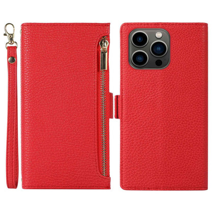 Litchi Texture Phone Case for iPhone 14 Pro Max, Drop Resistant Zipper Pocket PU Leather Flip Cover Wallet with Strap