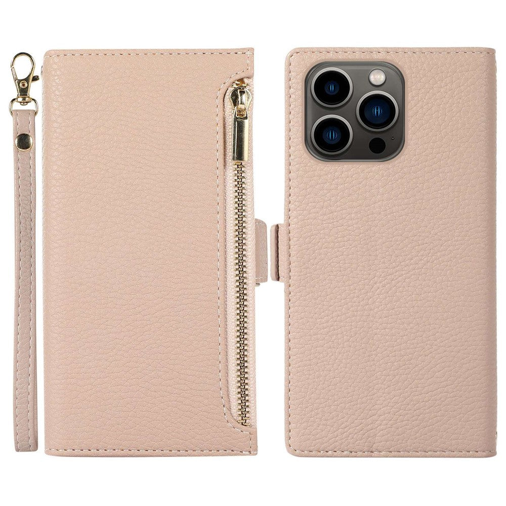 Litchi Texture Phone Case for iPhone 14 Pro Max, Drop Resistant Zipper Pocket PU Leather Flip Cover Wallet with Strap
