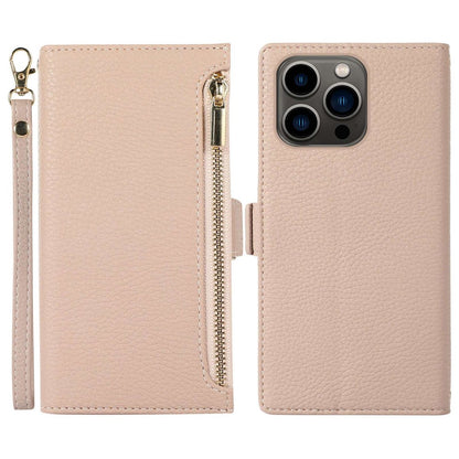 Litchi Texture Phone Case for iPhone 14 Pro Max, Drop Resistant Zipper Pocket PU Leather Flip Cover Wallet with Strap