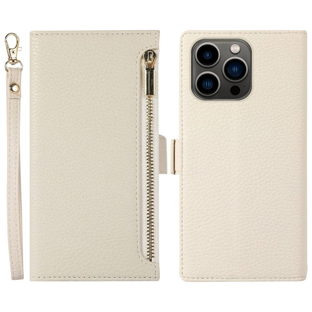 Litchi Texture Phone Case for iPhone 14 Pro Max, Drop Resistant Zipper Pocket PU Leather Flip Cover Wallet with Strap