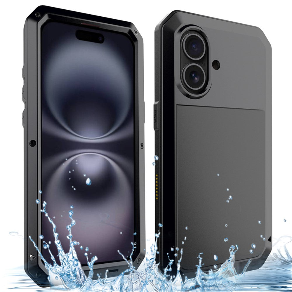 For iPhone 16 Case Silicone+Metal Phone Cover with Tempered Glass Screen Protector