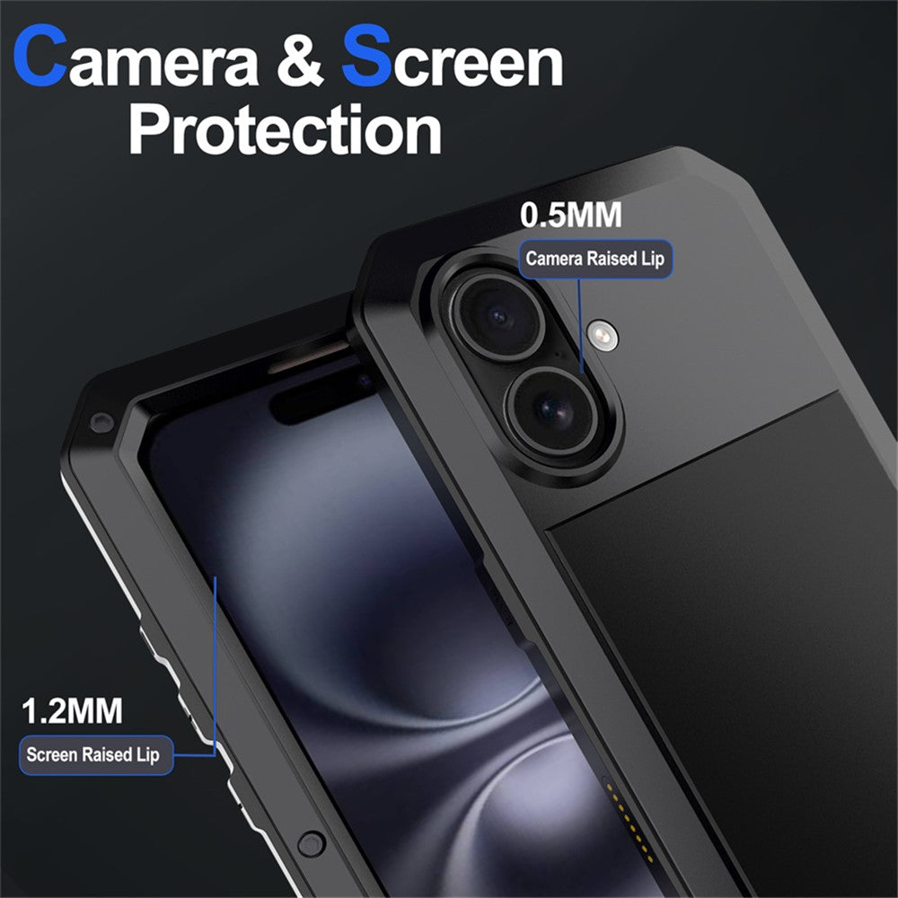 For iPhone 16 Case Silicone+Metal Phone Cover with Tempered Glass Screen Protector