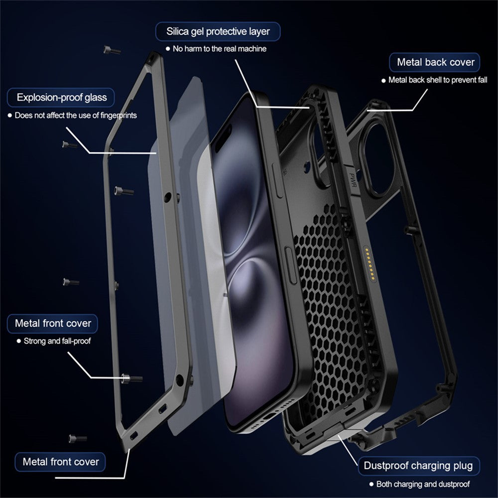 For iPhone 16 Case Silicone+Metal Phone Cover with Tempered Glass Screen Protector