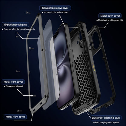 For iPhone 16 Case Silicone+Metal Phone Cover with Tempered Glass Screen Protector