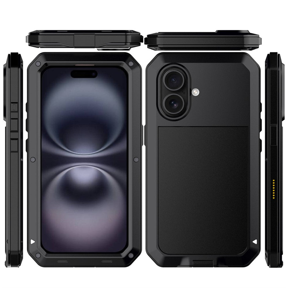 For iPhone 16 Case Silicone+Metal Phone Cover with Tempered Glass Screen Protector