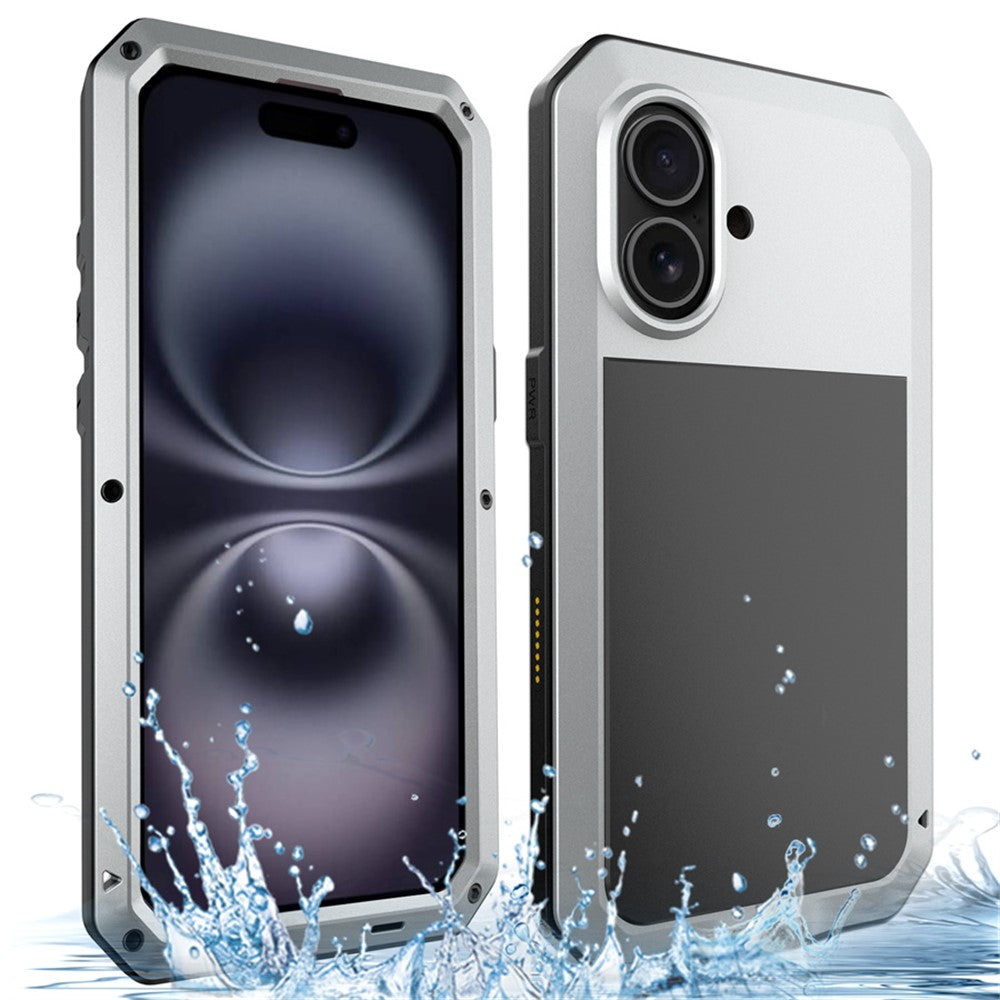 For iPhone 16 Case Silicone+Metal Phone Cover with Tempered Glass Screen Protector