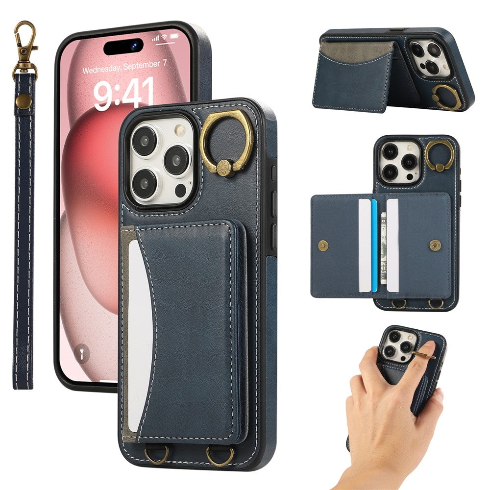 For iPhone 14 Pro PU Leather Back Case Card Holder Kickstand Phone Cover with Wrist Strap