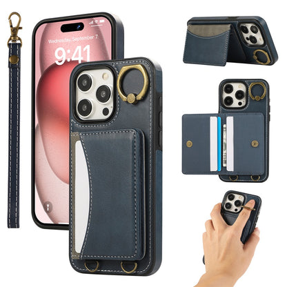 For iPhone 14 Pro PU Leather Back Case Card Holder Kickstand Phone Cover with Wrist Strap
