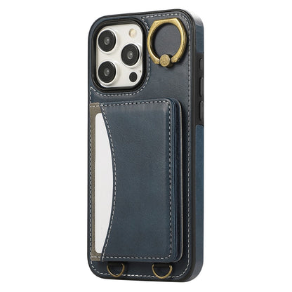 For iPhone 14 Pro PU Leather Back Case Card Holder Kickstand Phone Cover with Wrist Strap