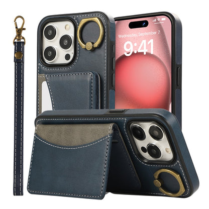 For iPhone 14 Pro PU Leather Back Case Card Holder Kickstand Phone Cover with Wrist Strap