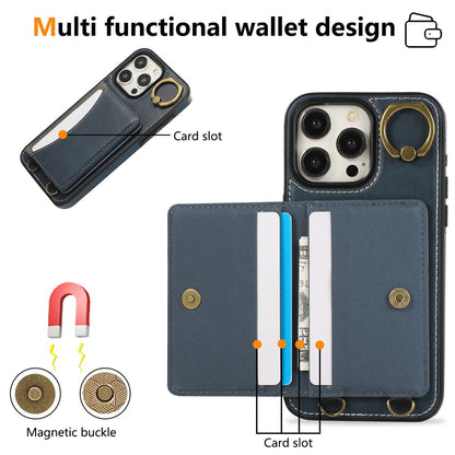 For iPhone 14 Pro PU Leather Back Case Card Holder Kickstand Phone Cover with Wrist Strap
