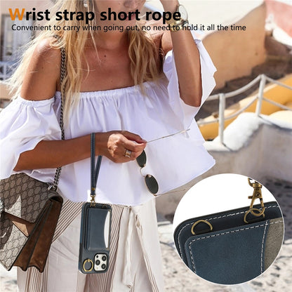 For iPhone 14 Pro PU Leather Back Case Card Holder Kickstand Phone Cover with Wrist Strap
