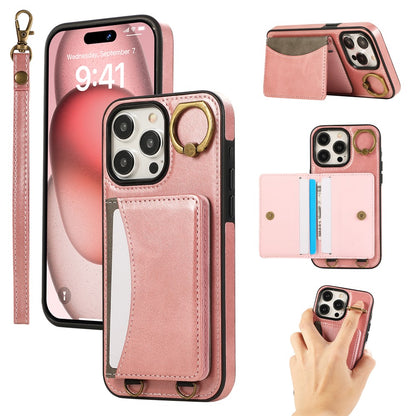 For iPhone 14 Pro PU Leather Back Case Card Holder Kickstand Phone Cover with Wrist Strap