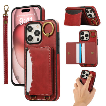 For iPhone 14 Pro PU Leather Back Case Card Holder Kickstand Phone Cover with Wrist Strap
