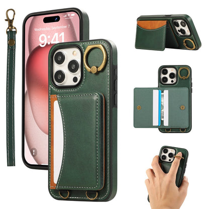 For iPhone 14 Pro PU Leather Back Case Card Holder Kickstand Phone Cover with Wrist Strap
